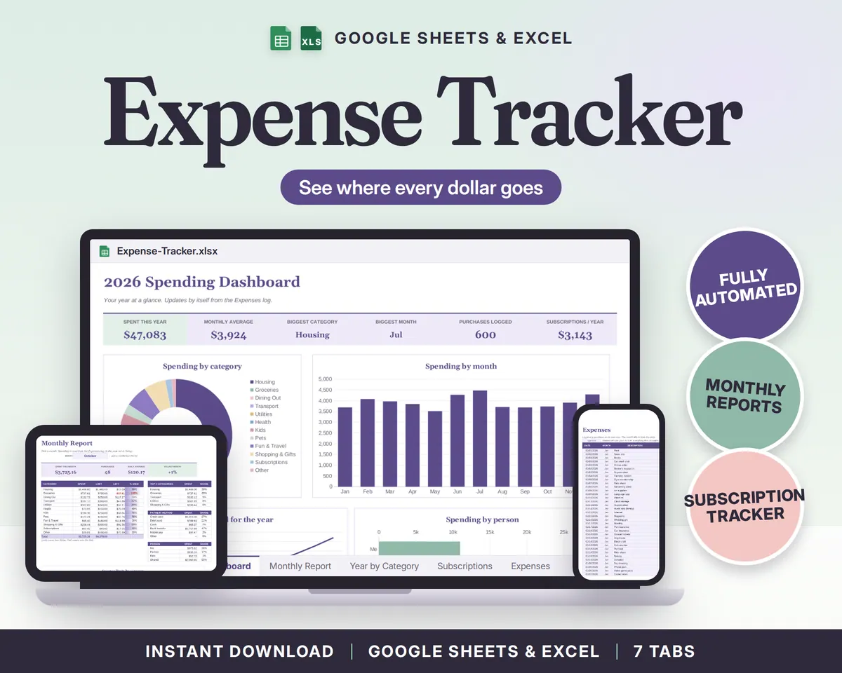 Expense Tracker Spreadsheet Google Sheets & Excel