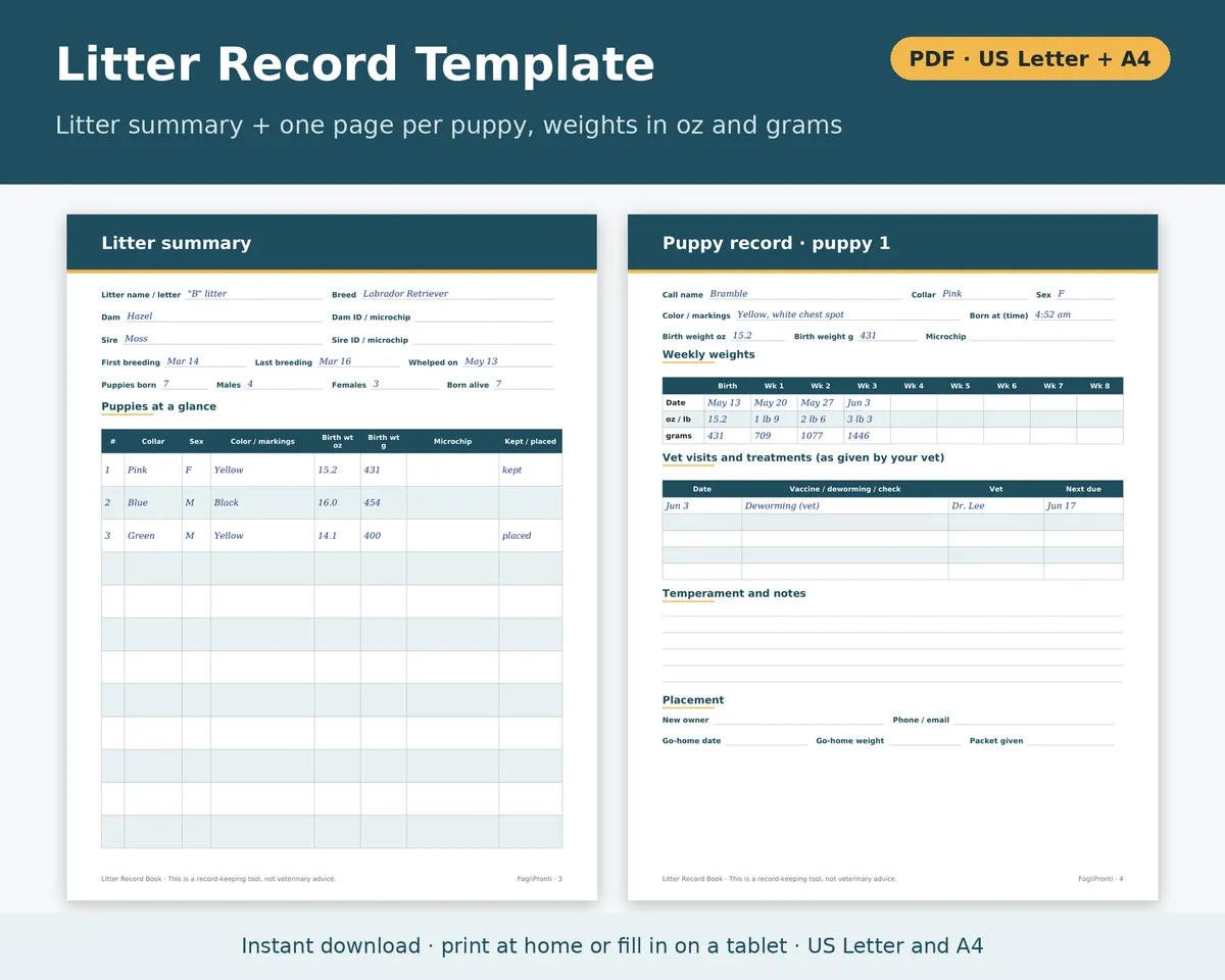 Litter Record Template Printable