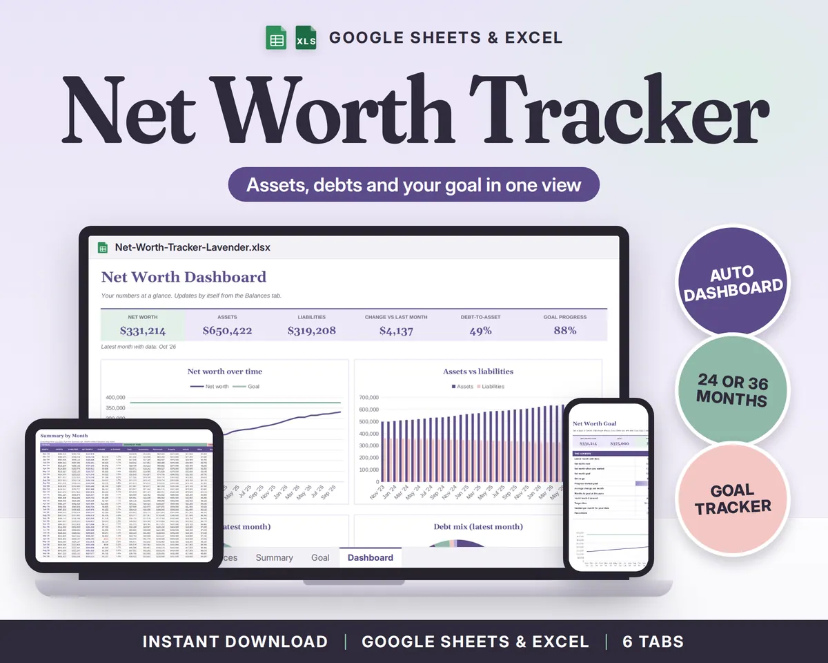 Net Worth Tracker Spreadsheet Google Sheets & Excel