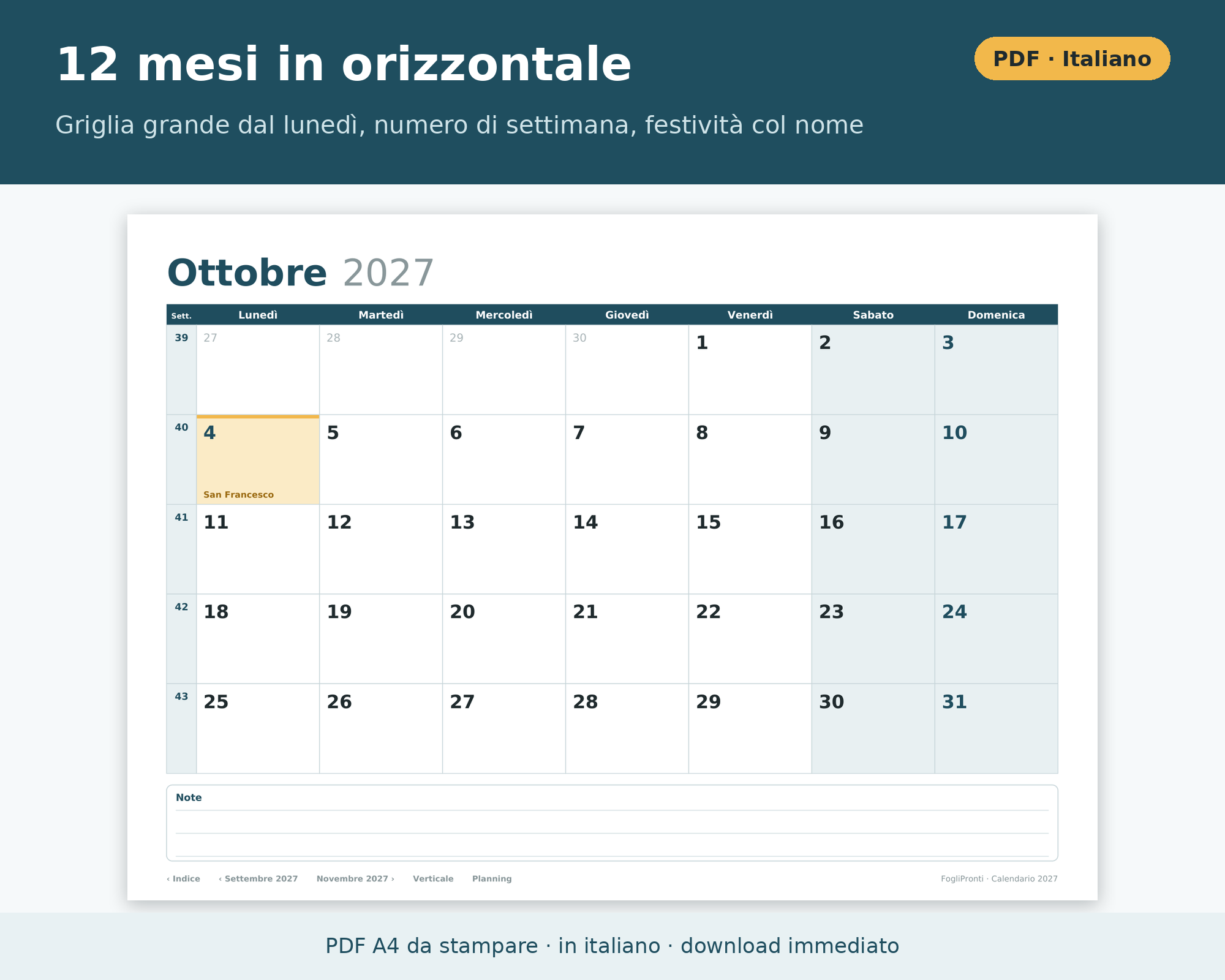 Cosa contiene Calendario 2027 da Stampare PDF in Italiano