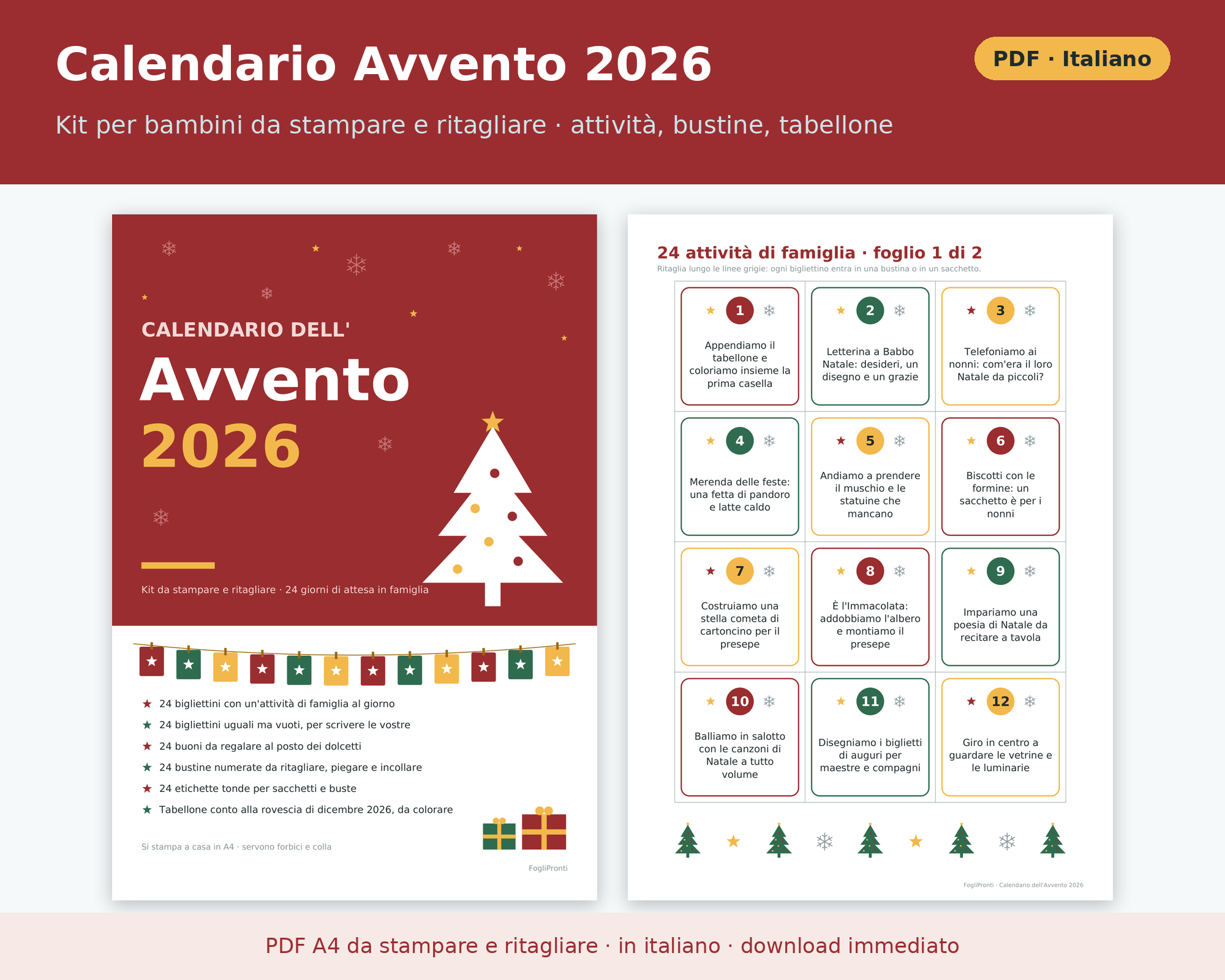 Calendario Avvento 2026 Bambini da Stampare PDF