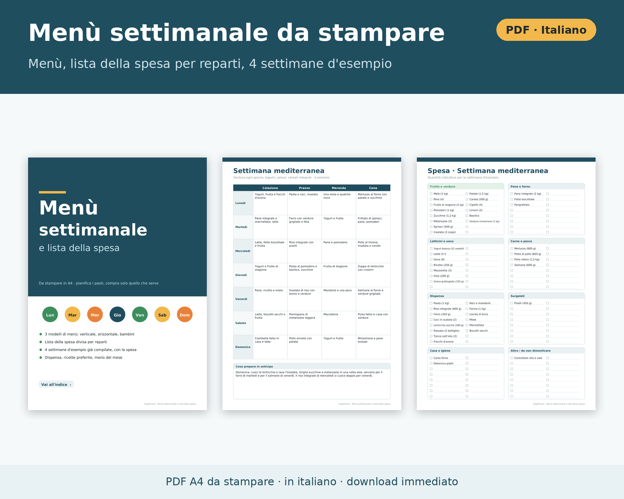 Menù Settimanale PDF e Lista della Spesa da Stampare