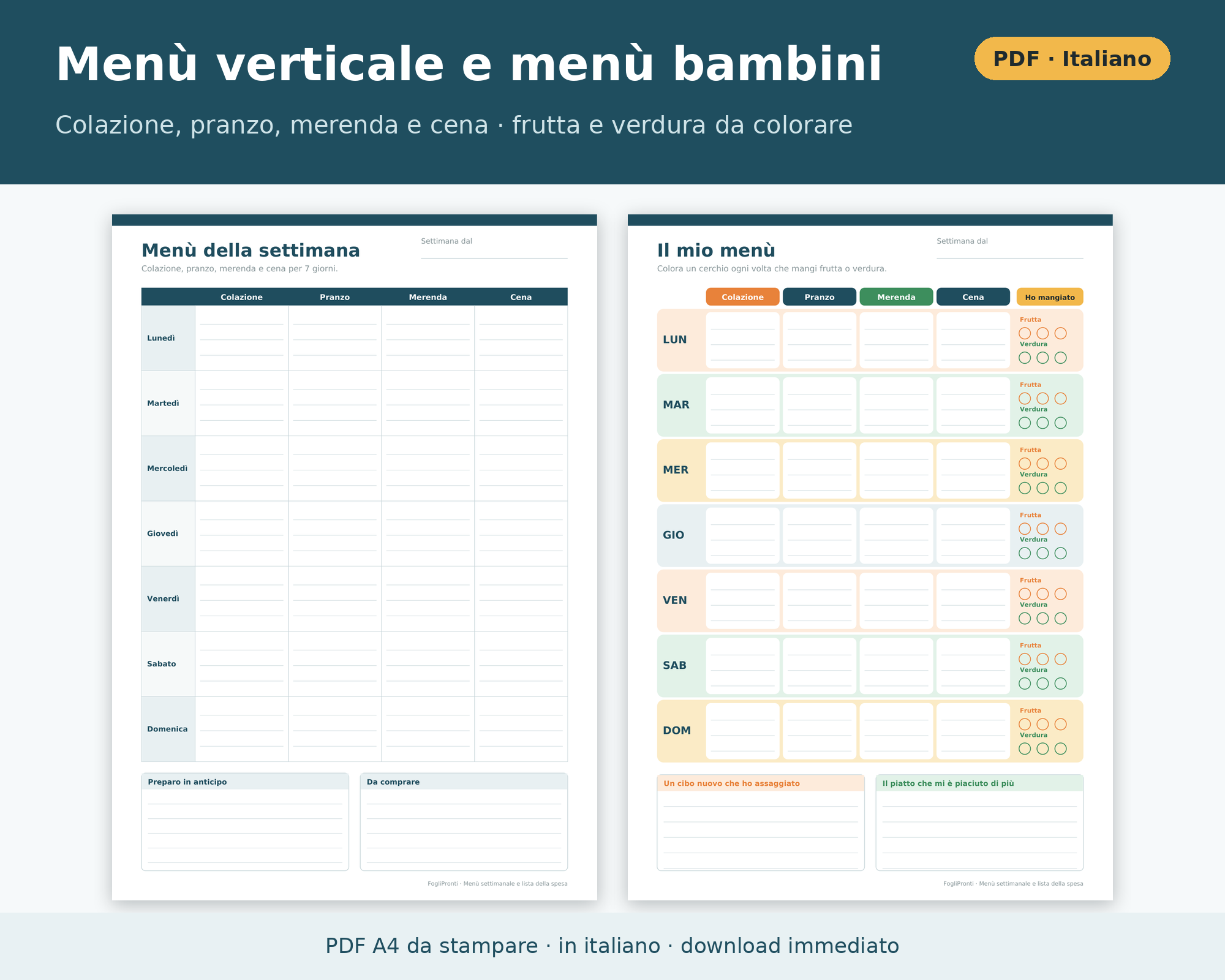 Cosa contiene Menù Settimanale PDF e Lista della Spesa da Stampare