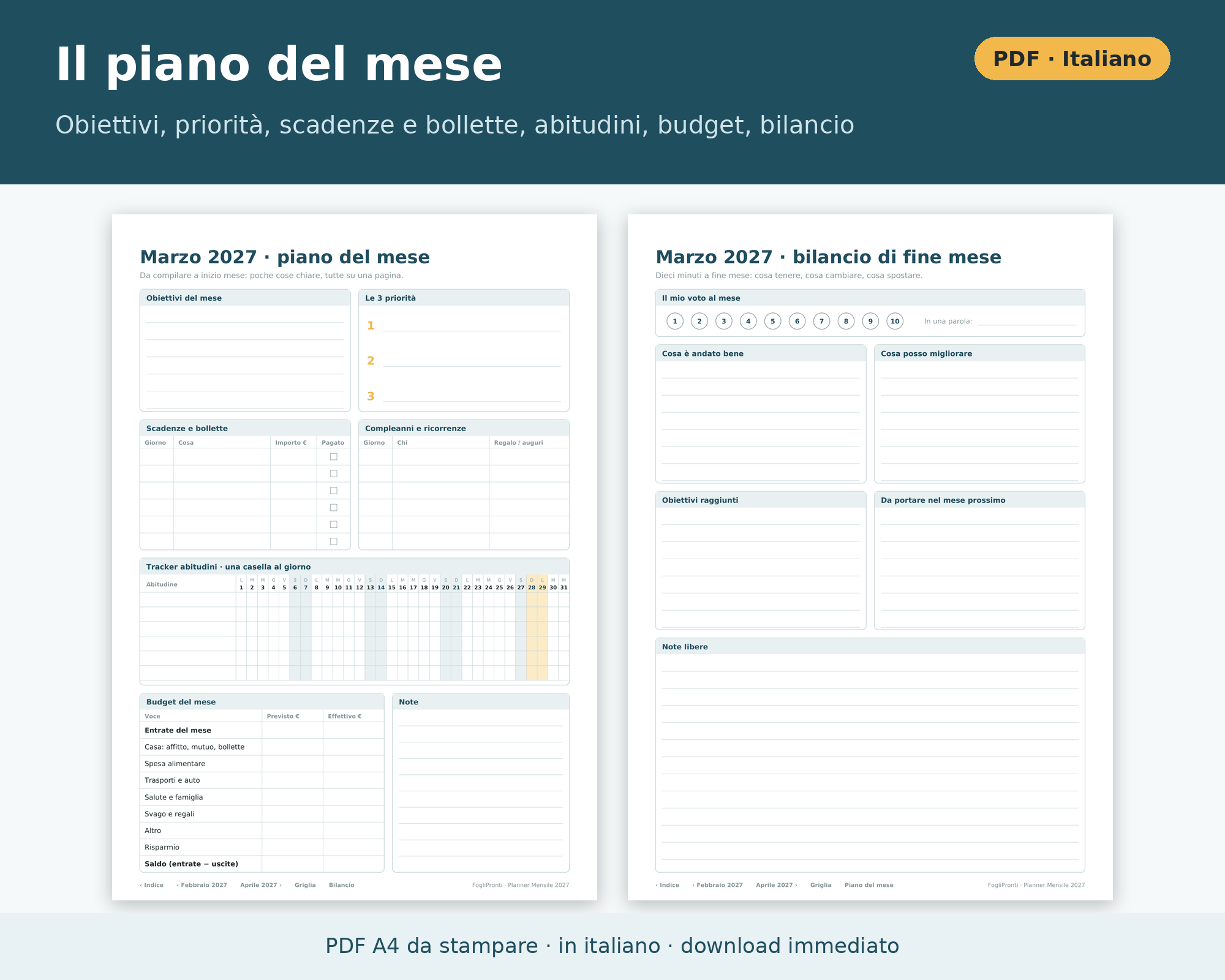 Cosa contiene Planner Mensile 2027 da Stampare PDF A4 in Italiano