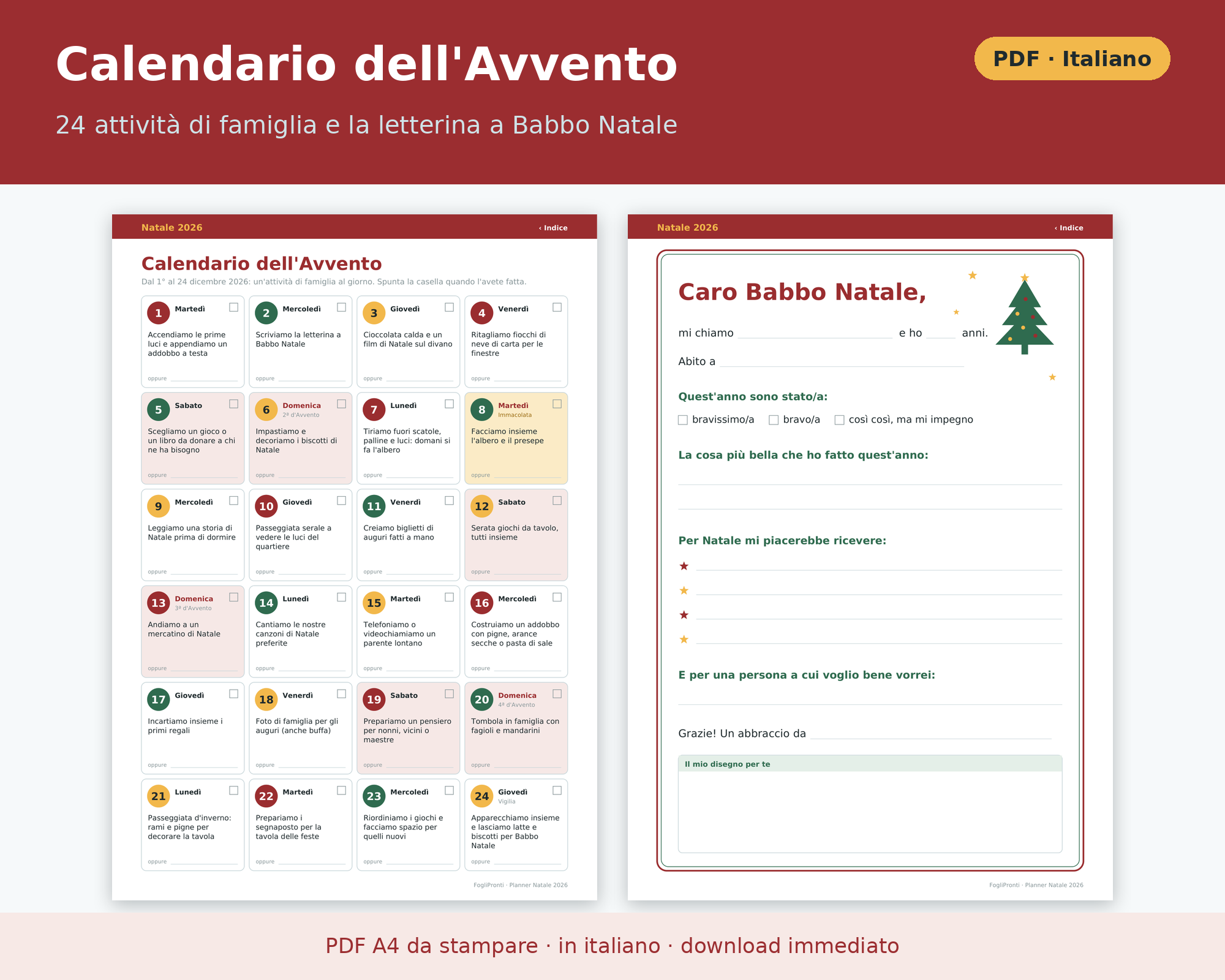 Cosa contiene Planner Natale 2026 PDF Stampabile in Italiano