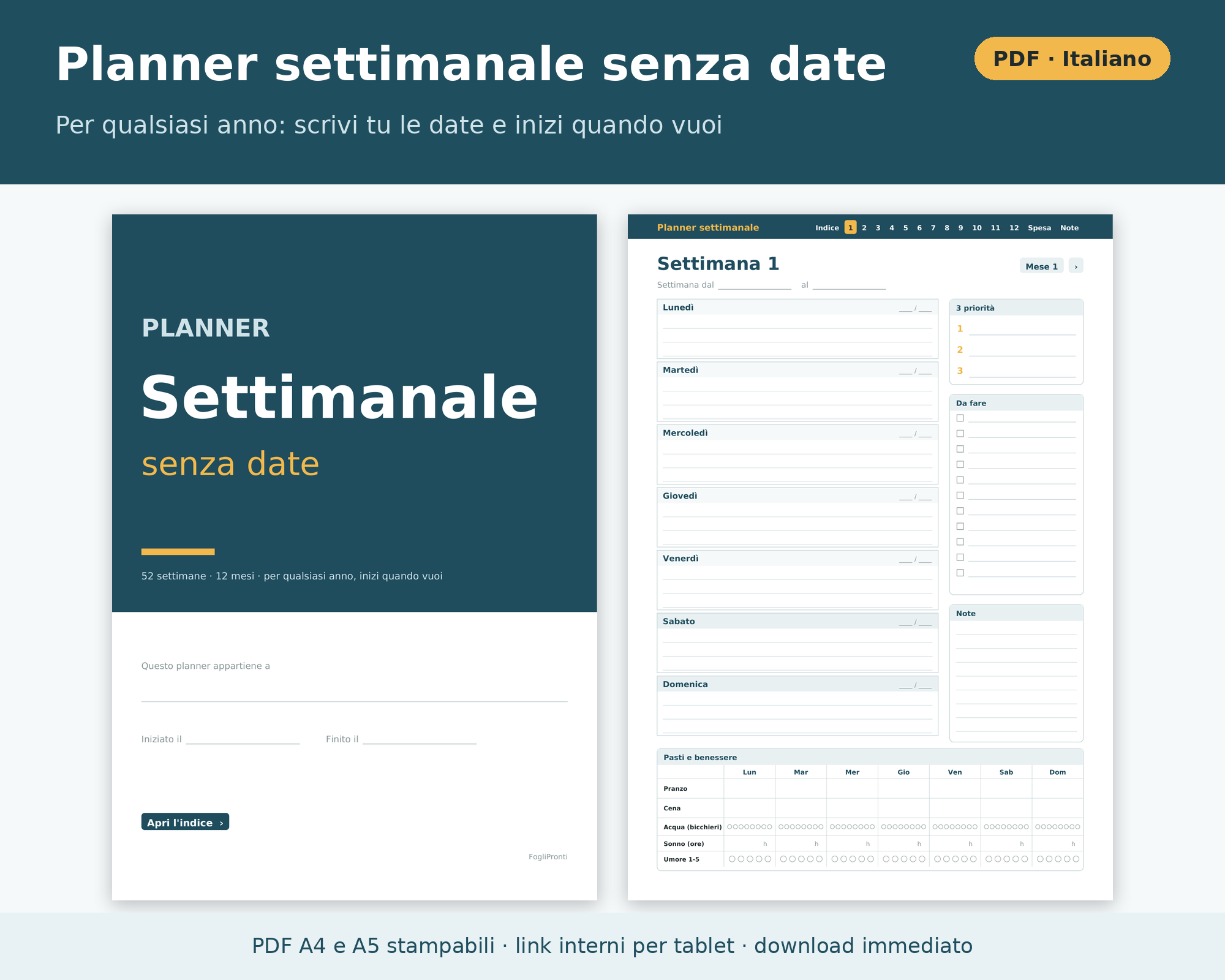 Planner Settimanale Senza Date PDF Stampabile A4 e A5