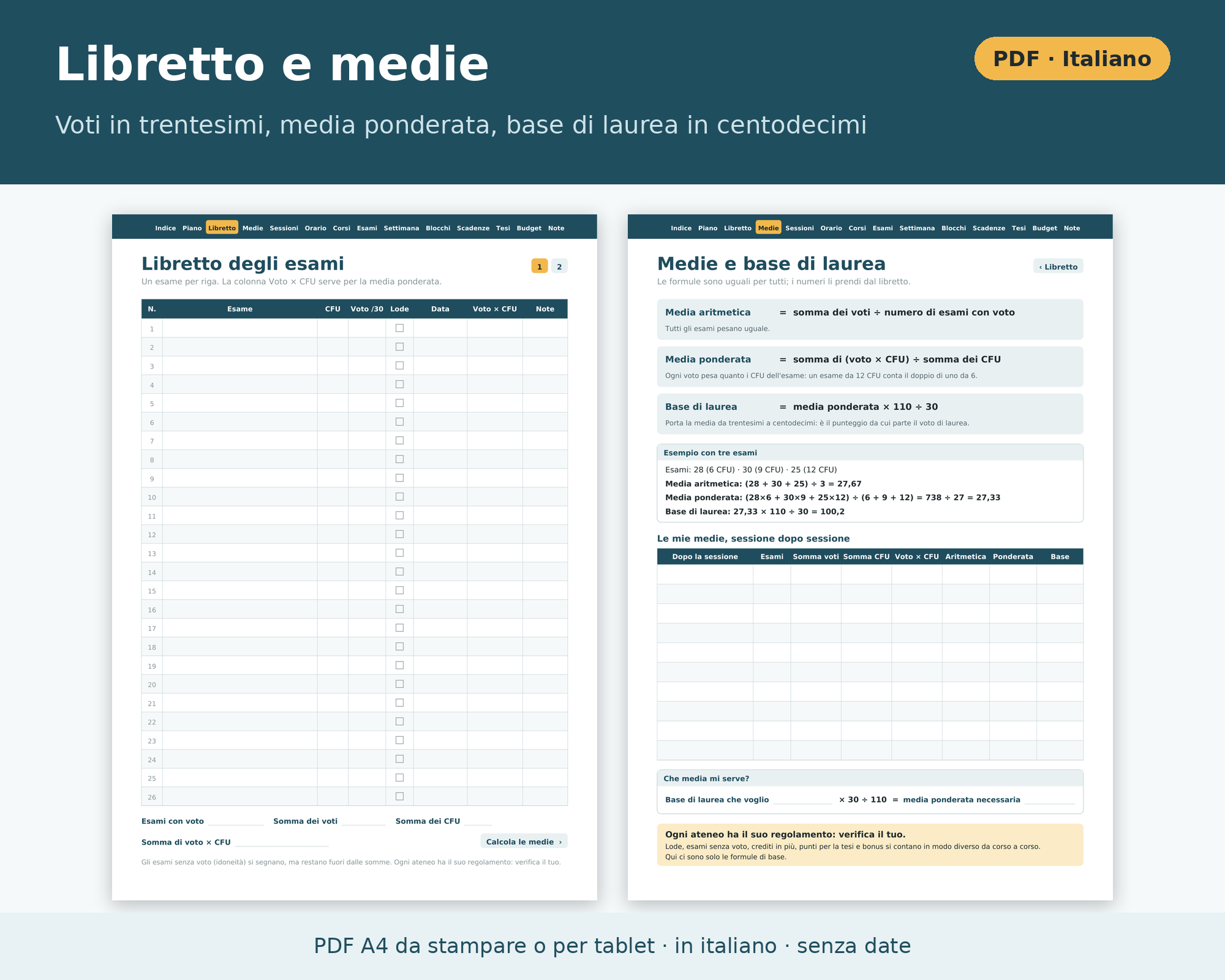 Cosa contiene Planner Universitario in Italiano PDF Stampabile